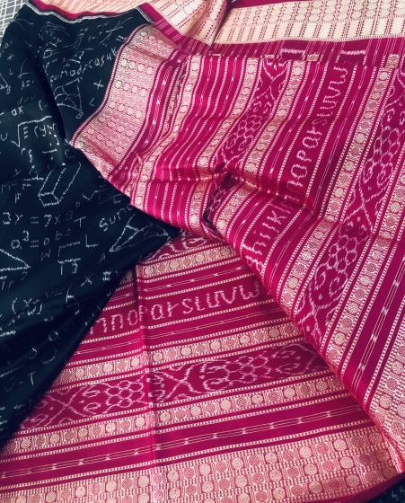 Exquisite mathematical equations theme Black and pink Ikat Silk Saree with Blouse Piece