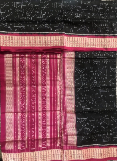 Exquisite mathematical equations theme Black and pink Ikat Silk Saree with Blouse Piece