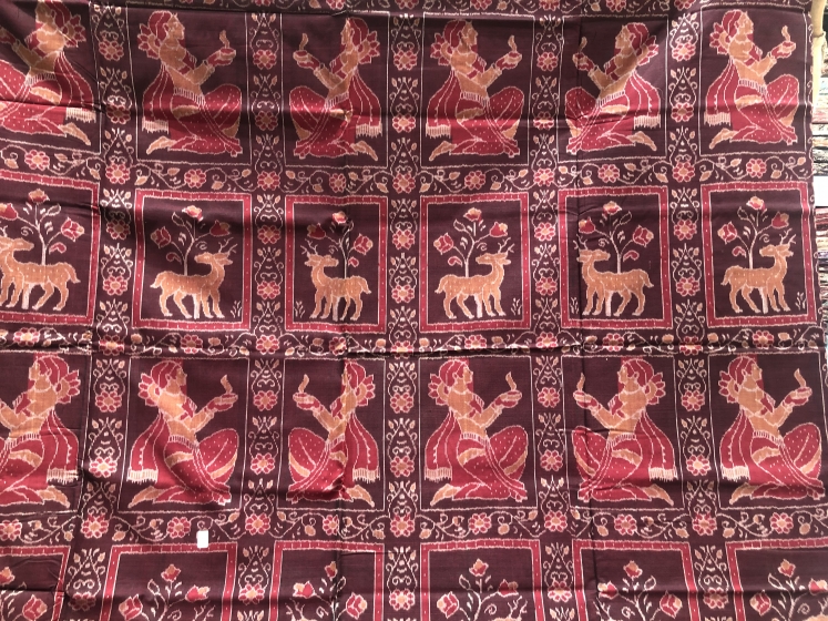 Deer and women motif Cotton Ikat Saree without Blouse piece