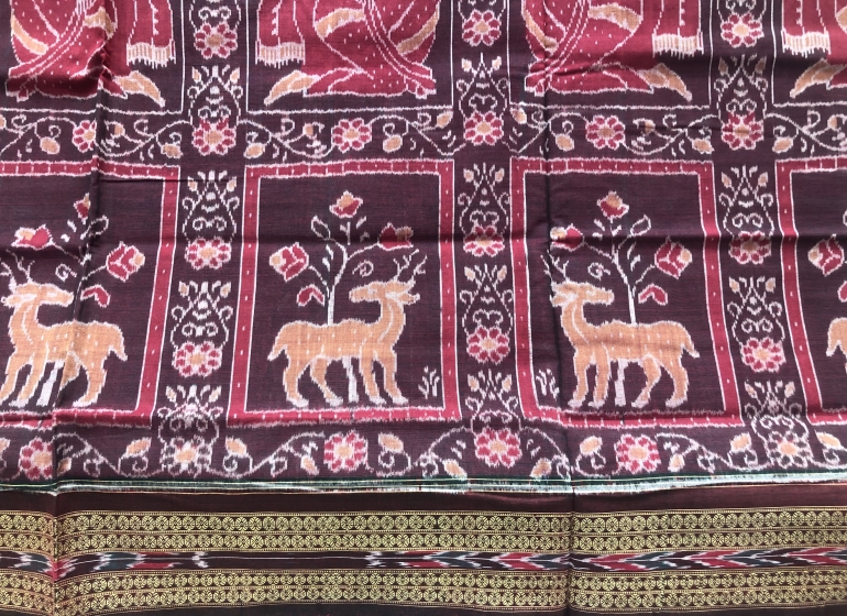 Deer and women motif Cotton Ikat Saree without Blouse piece