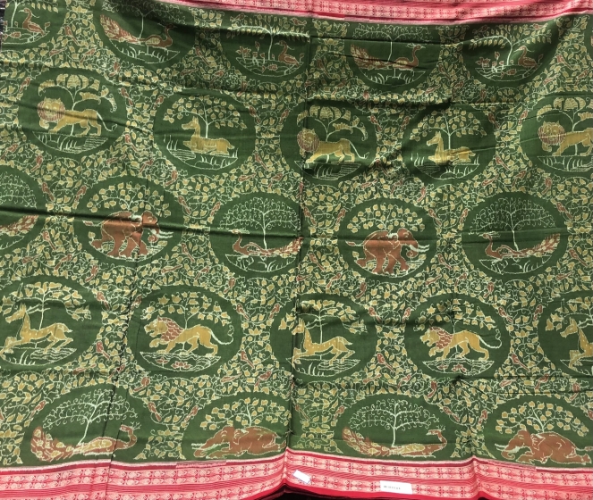 Green and Red intricately woven Jungle theme Cotton Ikat Saree with Blouse Piece