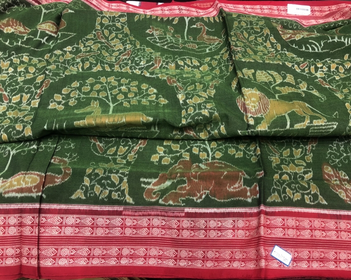 Green and Red intricately woven Jungle theme Cotton Ikat Saree with Blouse Piece