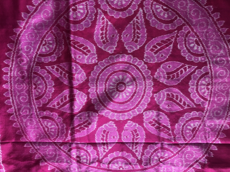 Exquisite conch motifs Jhoti Aanchal with Tribal theme body Ikat Silk Saree with Blouse Piece