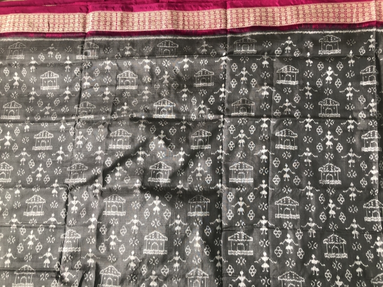 Exquisite conch motifs Jhoti Aanchal with Tribal theme body Ikat Silk Saree with Blouse Piece