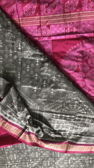 Exquisite conch motifs Jhoti Aanchal with Tribal theme body Ikat Silk Saree with Blouse Piece