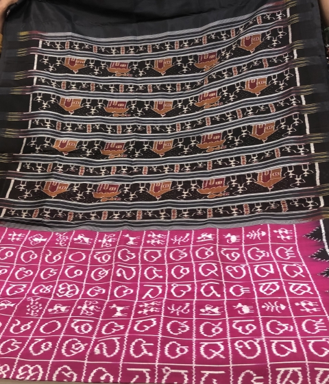 Odia alphabets woven on body Pasapalli border n tribal Aanchal Ikat Silk saree with blouse Piec