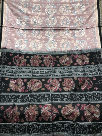 Exclusively woven fish motifs Cotton Ikat saree with blouse piece