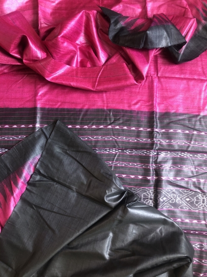 Magenta and black combination Gopalpur Tasar Ikat Saree with Blouse Piece