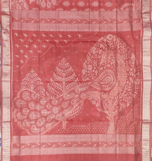 Peacock motifs body and Aanchal Ikat Silk Saree with Blouse piece