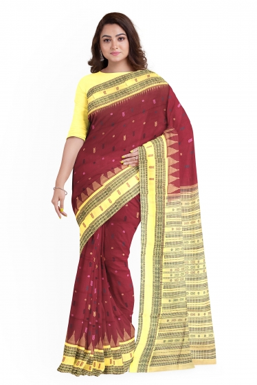 Phoda kumbha border with Fish motifs and butis Cotton Saree with blouse Piece