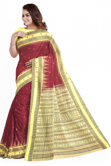 Phoda kumbha border with Fish motifs and butis Cotton Saree with blouse Piece