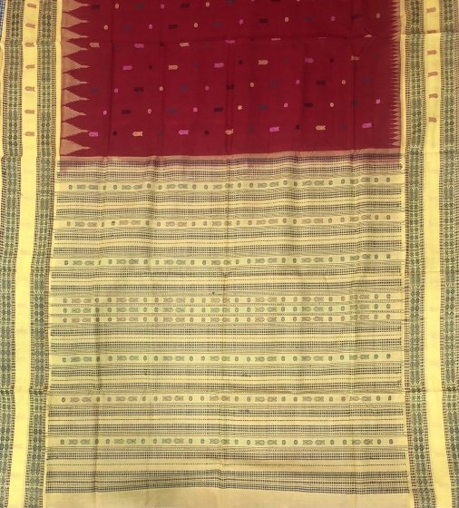 Phoda kumbha border with Fish motifs and butis Cotton Saree with blouse Piece