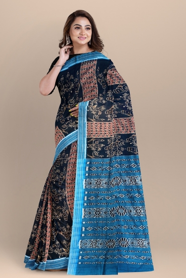 Traditional Aanchal with all over peacock motifs body cotton Ikat Saree without blouse piece