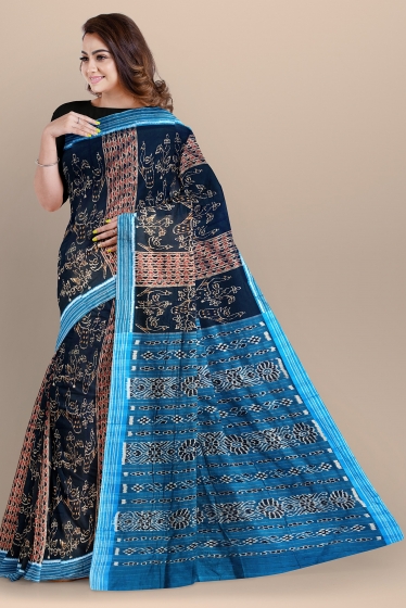 Traditional Aanchal with all over peacock motifs body cotton Ikat Saree without blouse piece