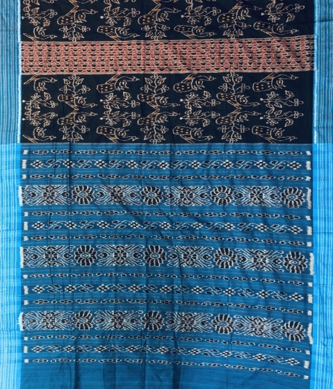 Traditional Aanchal with all over peacock motifs body cotton Ikat Saree without blouse piece