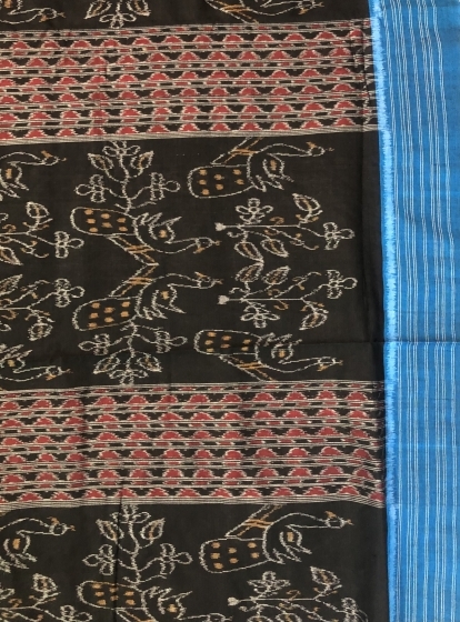 Traditional Aanchal with all over peacock motifs body cotton Ikat Saree without blouse piece