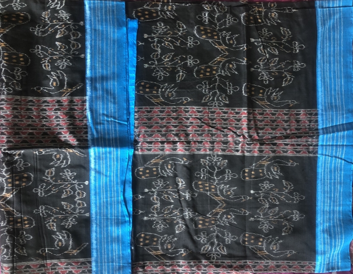 Traditional Aanchal with all over peacock motifs body cotton Ikat Saree without blouse piece