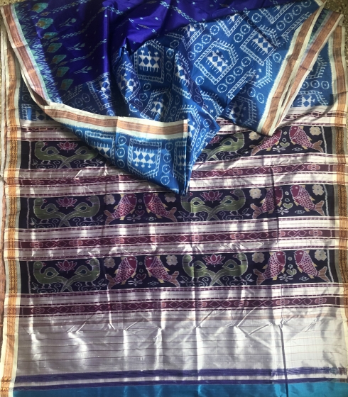 Tribal and traditional motifs half n half Ikat Khandua Silk Saree with blouse piece