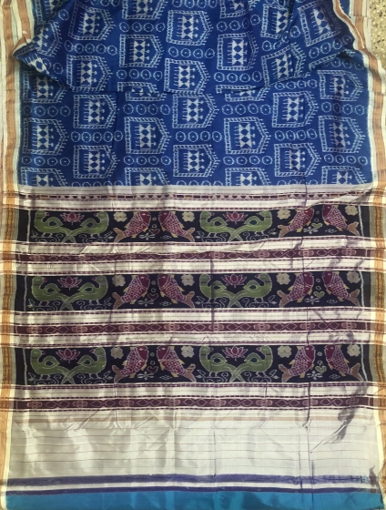 Tribal and traditional motifs half n half Ikat Khandua Silk Saree with blouse piece