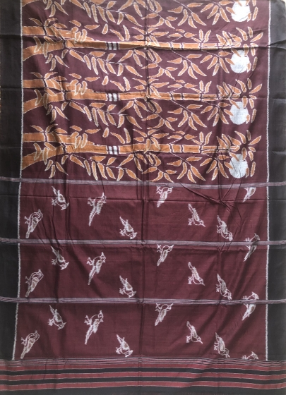 Bamboo tree and bird motifs Cotton Ikat Saree with Blouse Piece