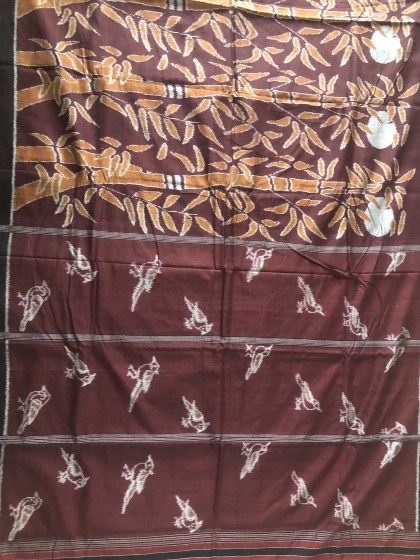 Bamboo tree and bird motifs Cotton Ikat Saree with Blouse Piece