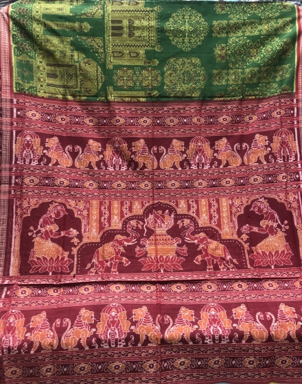 Taj Mahal motifs body with temple sculptures motifs Aanchal Cotton Ikat Saree with Blouse Piece