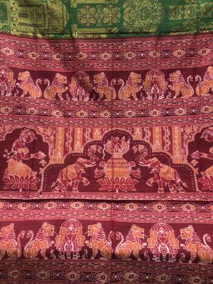 Taj Mahal motifs body with temple sculptures motifs Aanchal Cotton Ikat Saree with Blouse Piece