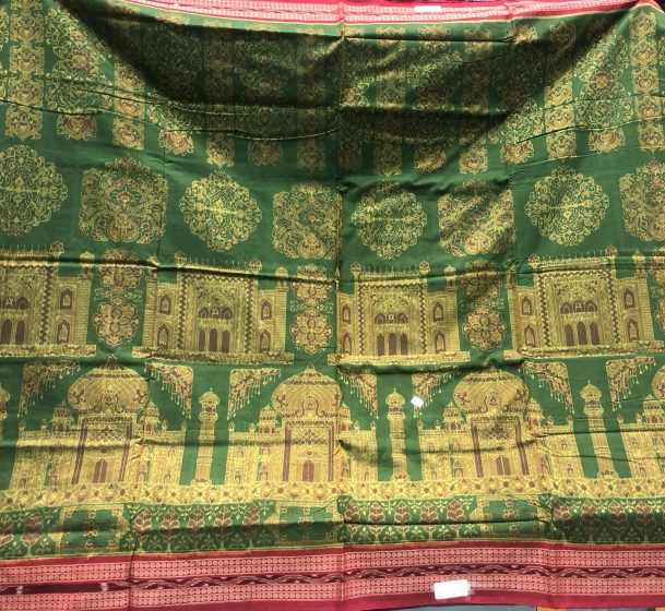 Taj Mahal motifs body with temple sculptures motifs Aanchal Cotton Ikat Saree with Blouse Piece