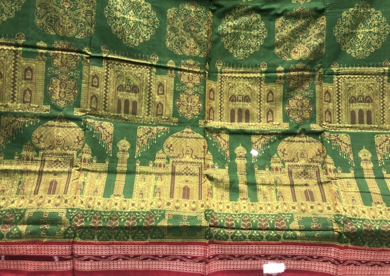 Taj Mahal motifs body with temple sculptures motifs Aanchal Cotton Ikat Saree with Blouse Piece