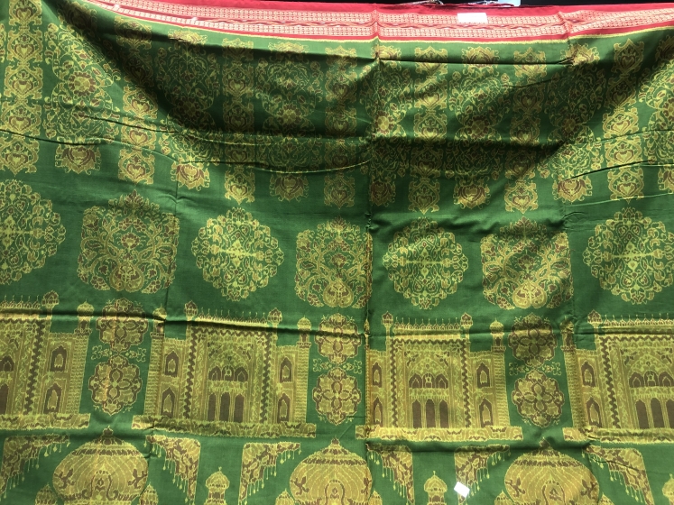 Taj Mahal motifs body with temple sculptures motifs Aanchal Cotton Ikat Saree with Blouse Piece