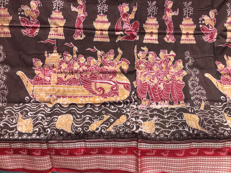 Boita Bandana n Tulsi Pooja worshiping Boat theme Cotton Silk Ikat Saree without Blouse Piece