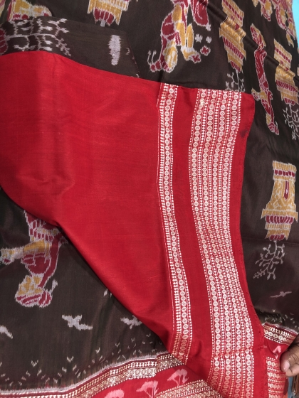 Boita Bandana n Tulsi Pooja worshiping Boat theme Cotton Silk Ikat Saree without Blouse Piece