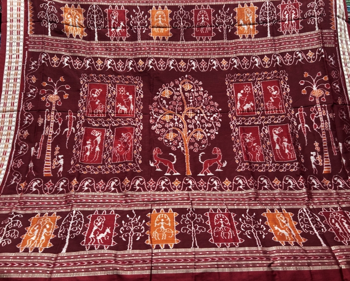 Intricately woven tribal life theme Ikat Weave Silk Sarse with blouse Piece