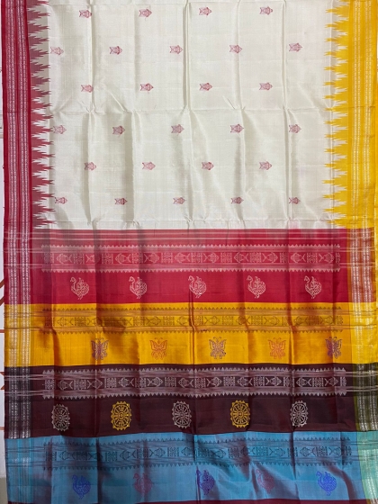 Double Pallu Berhampuri Silk Saree with Exquisite Fish Buta Body and Ganga Jamuna Border