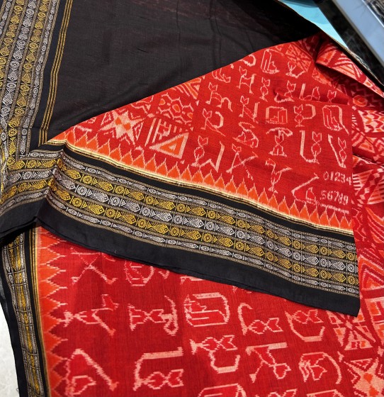 Creatively Woven Alphabets and Geometric Forms artistic cotton Ikat saree with Blouse piece