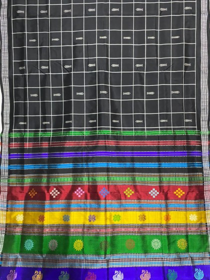 Exquisite Graceful body checks fish motifs double Aanchal Berhampuri silk saree with blouse piece