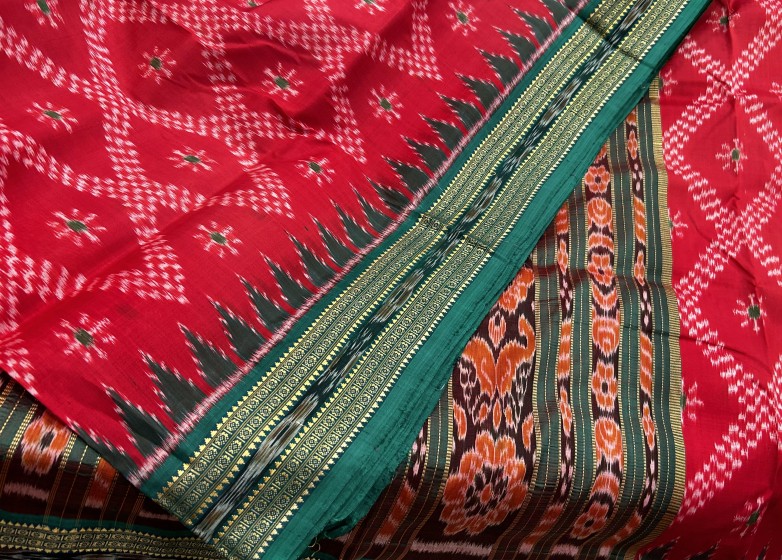 Red Green Tarabali Khandua Silk Ikat Saree without Blouse Piece