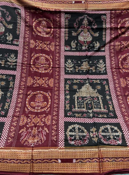 Divine Threads A Beautifully Handcrafted Ikat Saree with Intricate Temple and Goddess Motifs