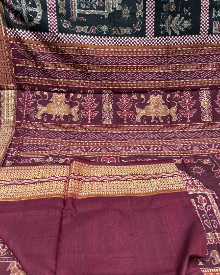 Divine Threads A Beautifully Handcrafted Ikat Saree with Intricate Temple and Goddess Motifs