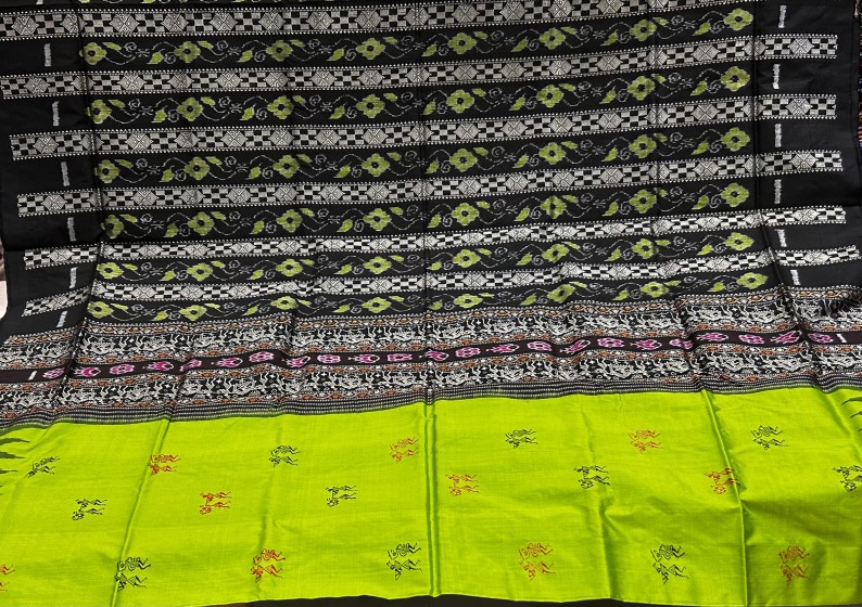 Exquisite Palki themed border Silk Saree with Flower Motifs Aanchal Bomkai Ikat Weave