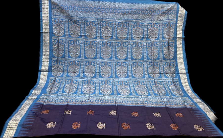 Rustic charm beautiful tree and Hut motifs Bomkai Silk Saree with Blouse Piece