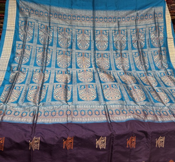 Rustic charm beautiful tree and Hut motifs Bomkai Silk Saree with Blouse Piece