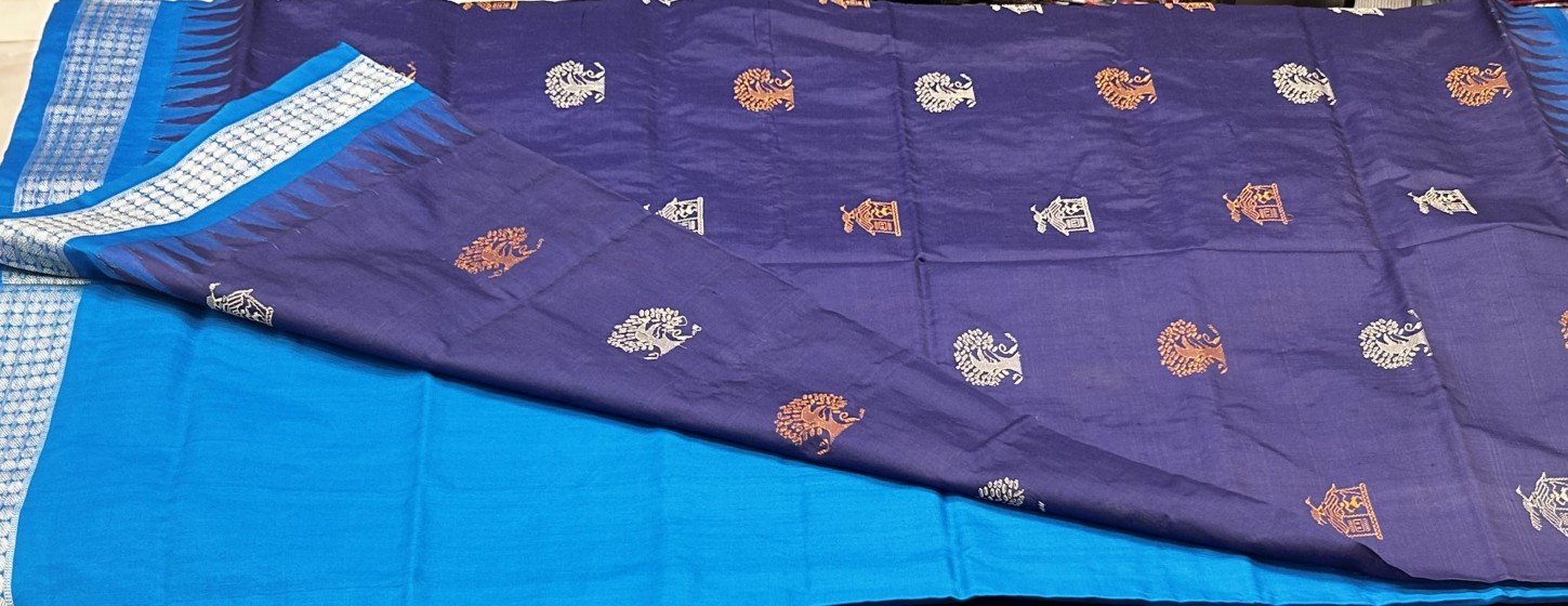 Rustic charm beautiful tree and Hut motifs Bomkai Silk Saree with Blouse Piece