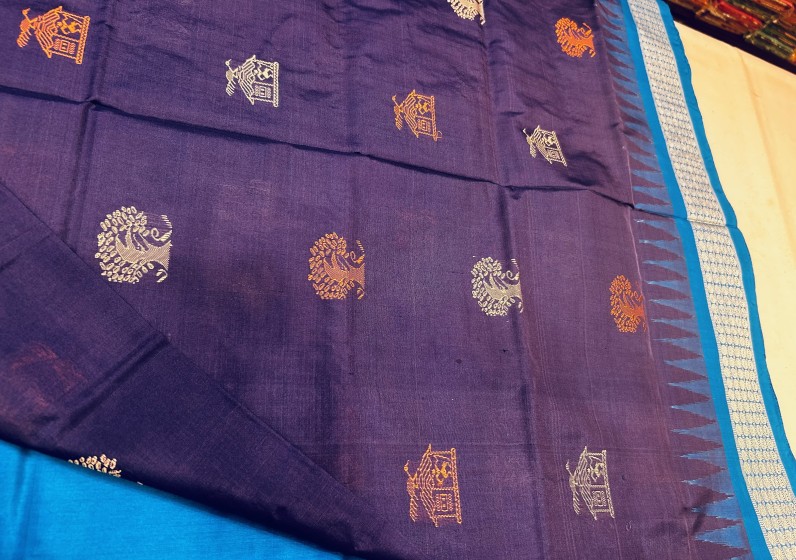 Rustic charm beautiful tree and Hut motifs Bomkai Silk Saree with Blouse Piece