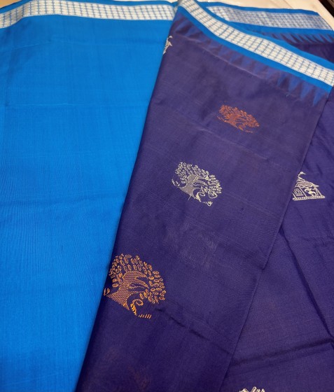 Rustic charm beautiful tree and Hut motifs Bomkai Silk Saree with Blouse Piece