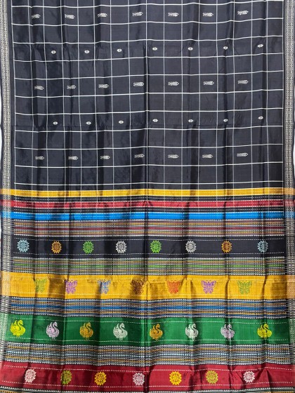 Exquisite Graceful body checks fish butas double Aanchal Berhampuri Silk saree with blouse piece