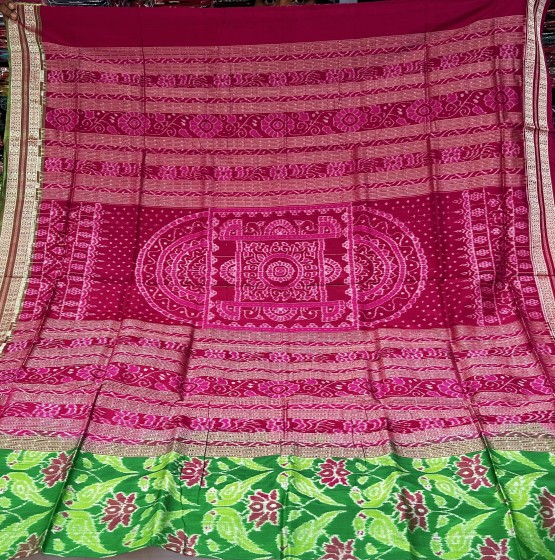 Vibrant n timeless Ikat weave silk saree with Parrot lotus motifs n Ganga Jamuna border with blouse