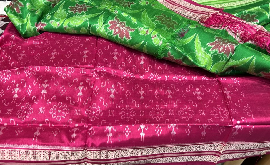 Vibrant n timeless Ikat weave silk saree with Parrot lotus motifs n Ganga Jamuna border with blouse