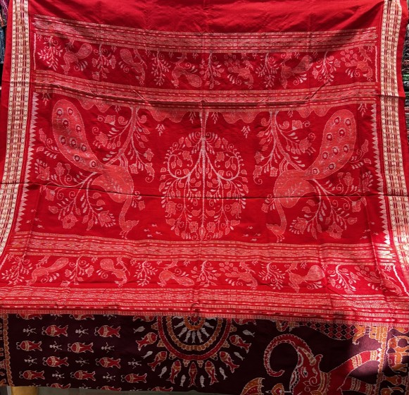 Graceful Ikat silk Saree a symphony of Peacock motifs Aanchal with elephant n fish motifs body