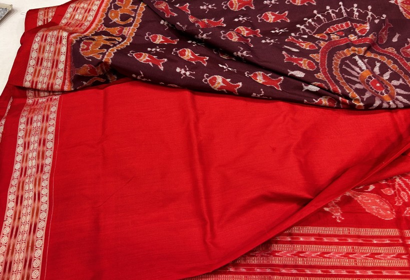 Graceful Ikat silk Saree a symphony of Peacock motifs Aanchal with elephant n fish motifs body